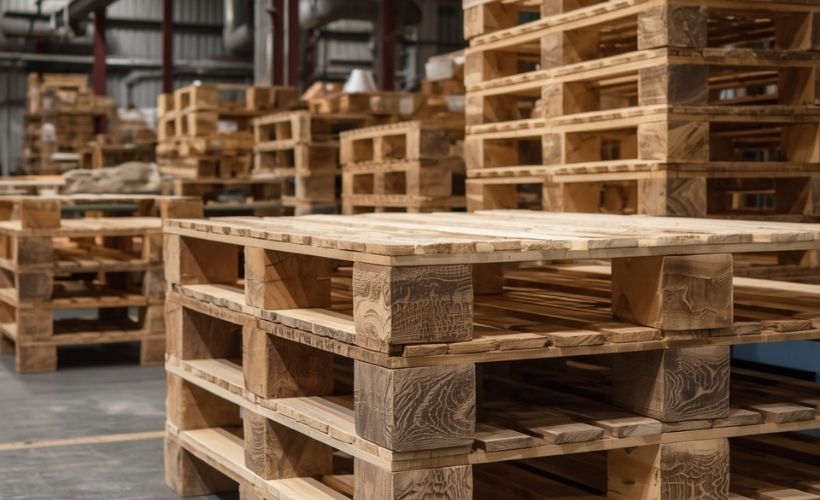 Produkcja palet drewnianych HGV w Sieradzu – stosy nowych palet euro na hali produkcyjnej