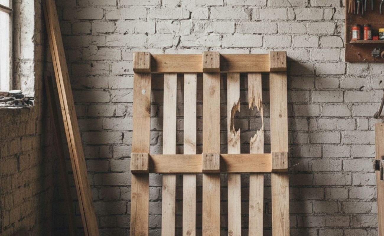 Zbliżenie na uszkodzoną paletę drewnianą z wyraźnym pęknięciem w desce, opartą o ścianę warsztatu i oczekującą na profesjonalną naprawę.