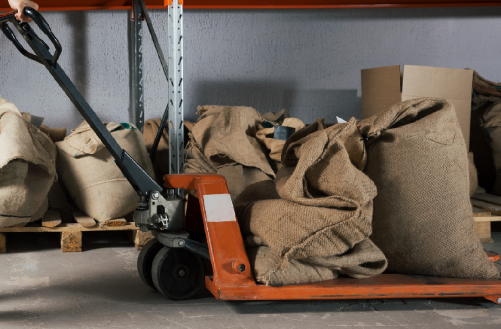 Ułożone worki jutowe zsuwające się z pomarańczowego ręcznego wózka paletowego na posadzkę magazynu.