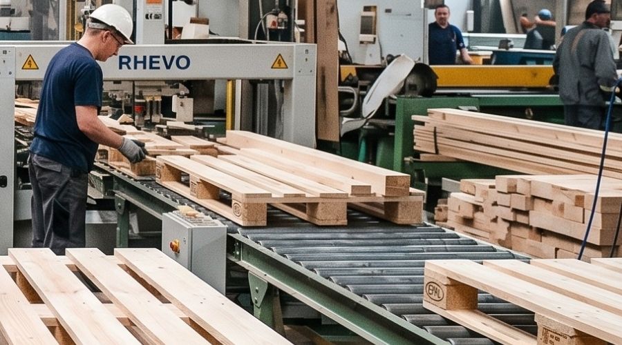 Pracownik obsługujący linię produkcyjną na hali montażowej – produkcja palet HGV Namysłów.