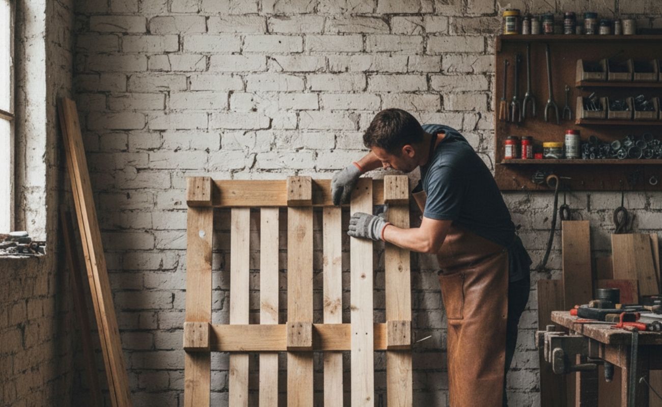 Doświadczony pracownik w skórzanym fartuchu wykonujący ręczną naprawę i regenerację palety drewnianej w profesjonalnym warsztacie stolarskim
