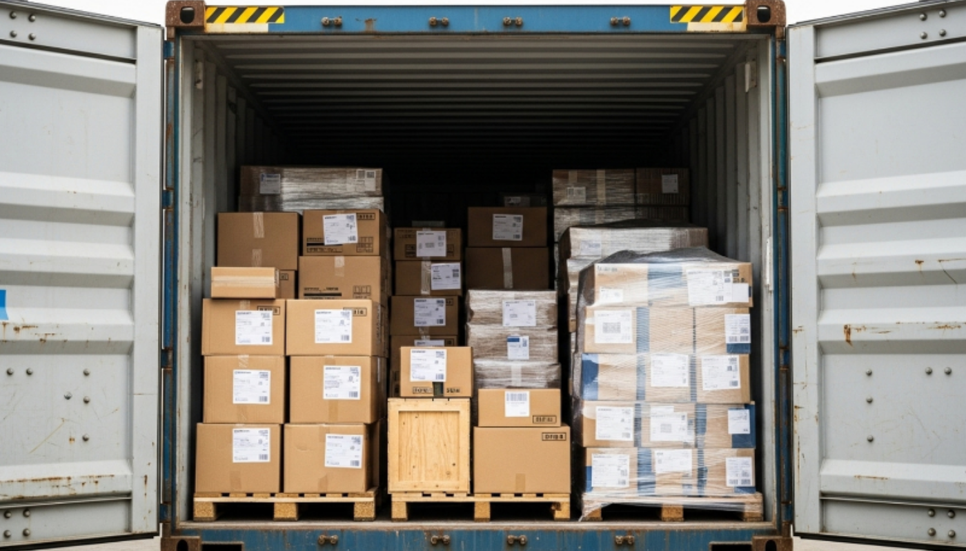 Otwarty kontener transportowy wypełniony towarem ułożonym na drewnianych paletach, z widocznymi kartonami oraz ładunkiem zabezpieczonym folią stretch po prawej stronie.